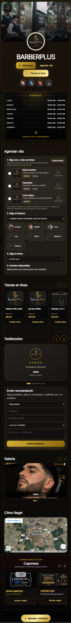 Tarjeta digital de BarberPlus en formato móvil