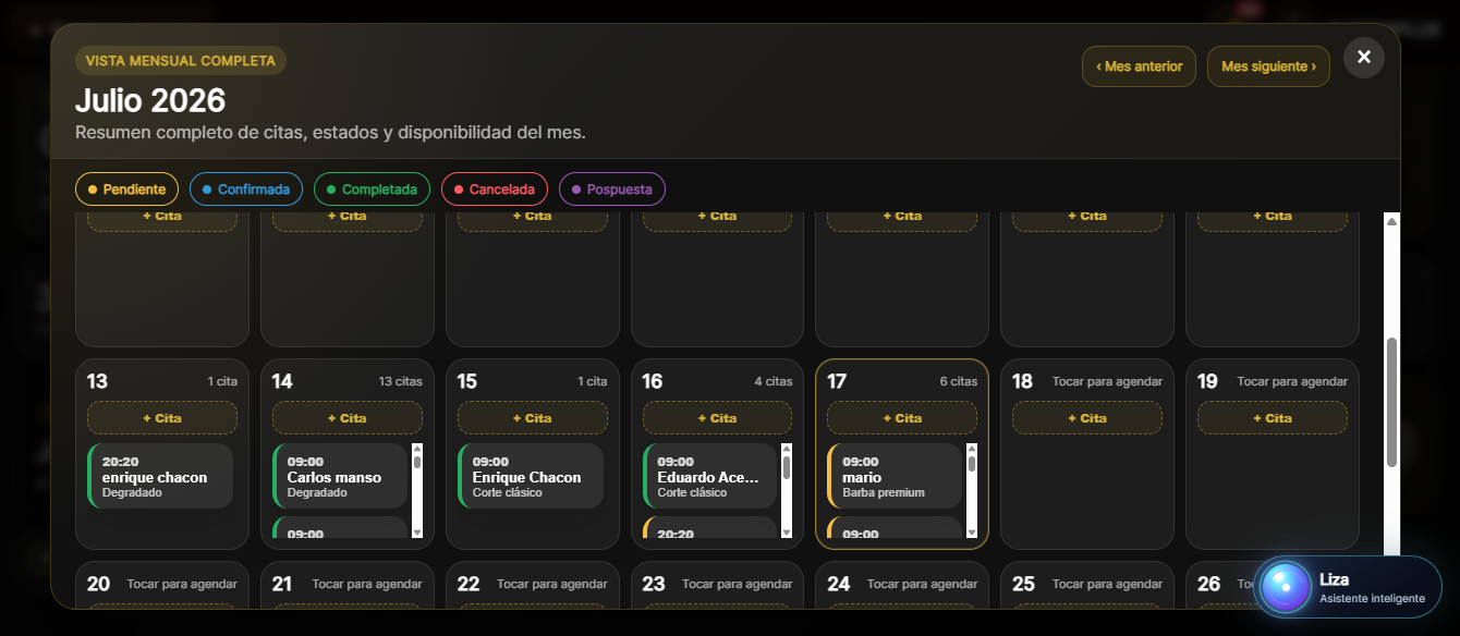 Vista mensual del calendario de citas en BarberPlus